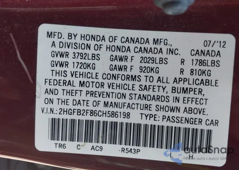 2012 Honda Civic Ex from USA, damaged, VIN 2HGFB2F86CH586198